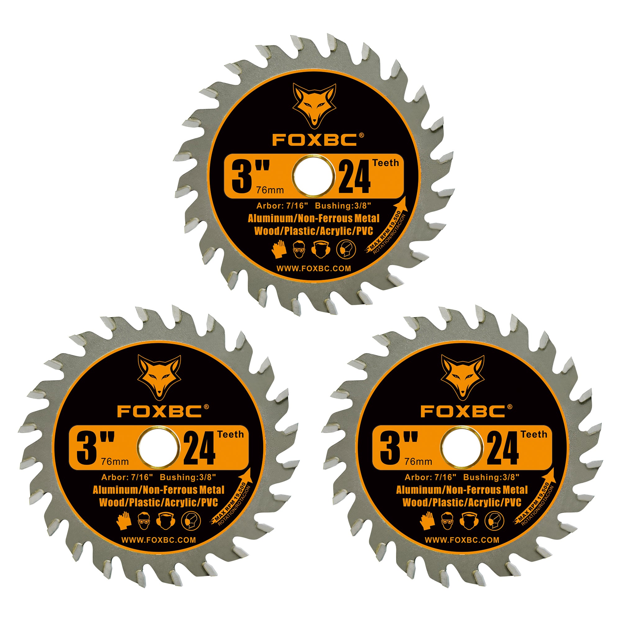 FOXBC 3 Inch 24T Carbide Circular Saw Blade Cuts for Wood, Plastic, PCV, Acrylic, Aluminum with 7/16" Arbor, Compatible with Dremel, Ryobi, Worx, Milwaukee, Dewalt, Ultra-Saws, RotoZip Saws - 3 Pack