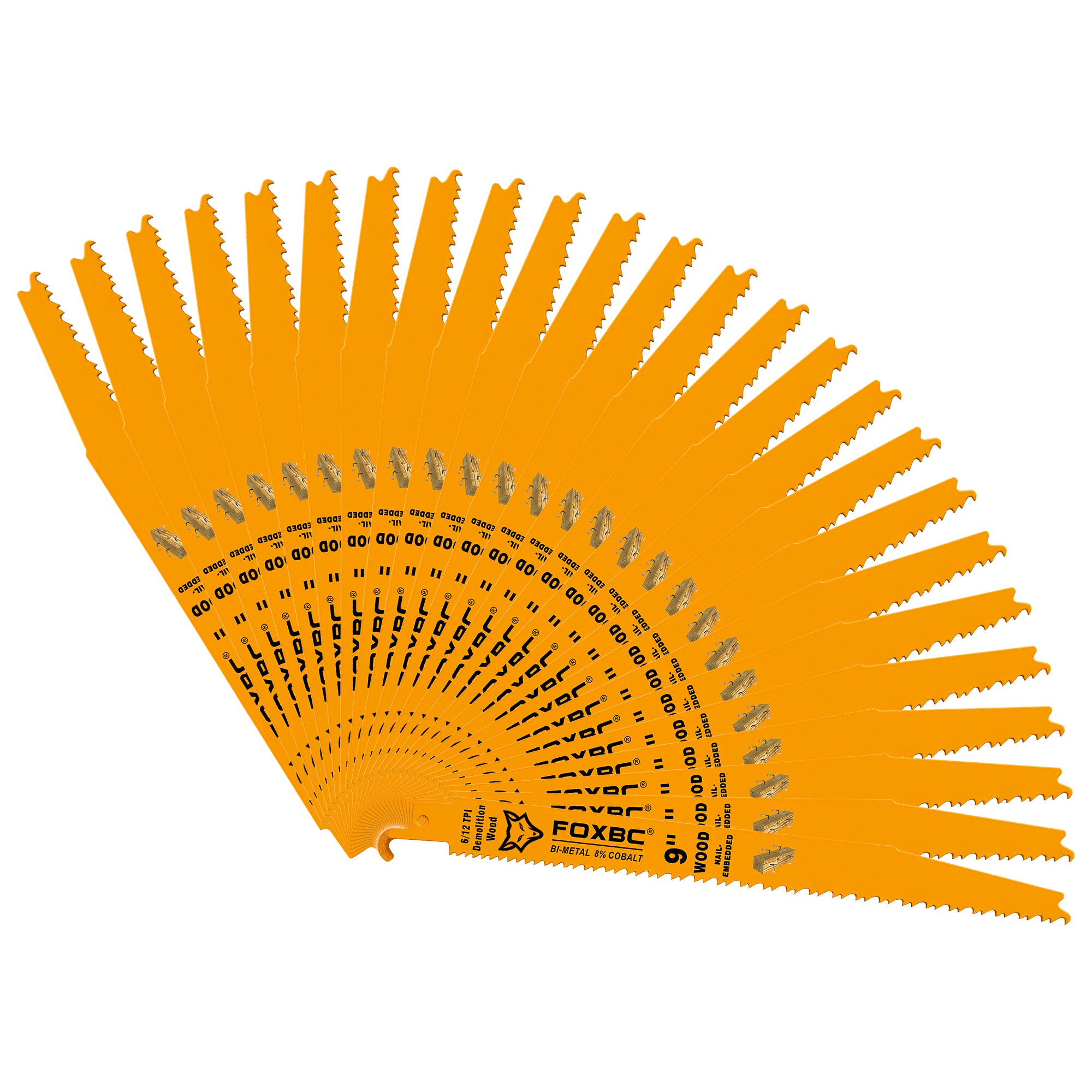 FOXBC 9 Inch 6/12 TPI Demolition Reciprocating Saw Blades for Nail-Embedded Wood, Bi-Metal, 25-Pack with Case