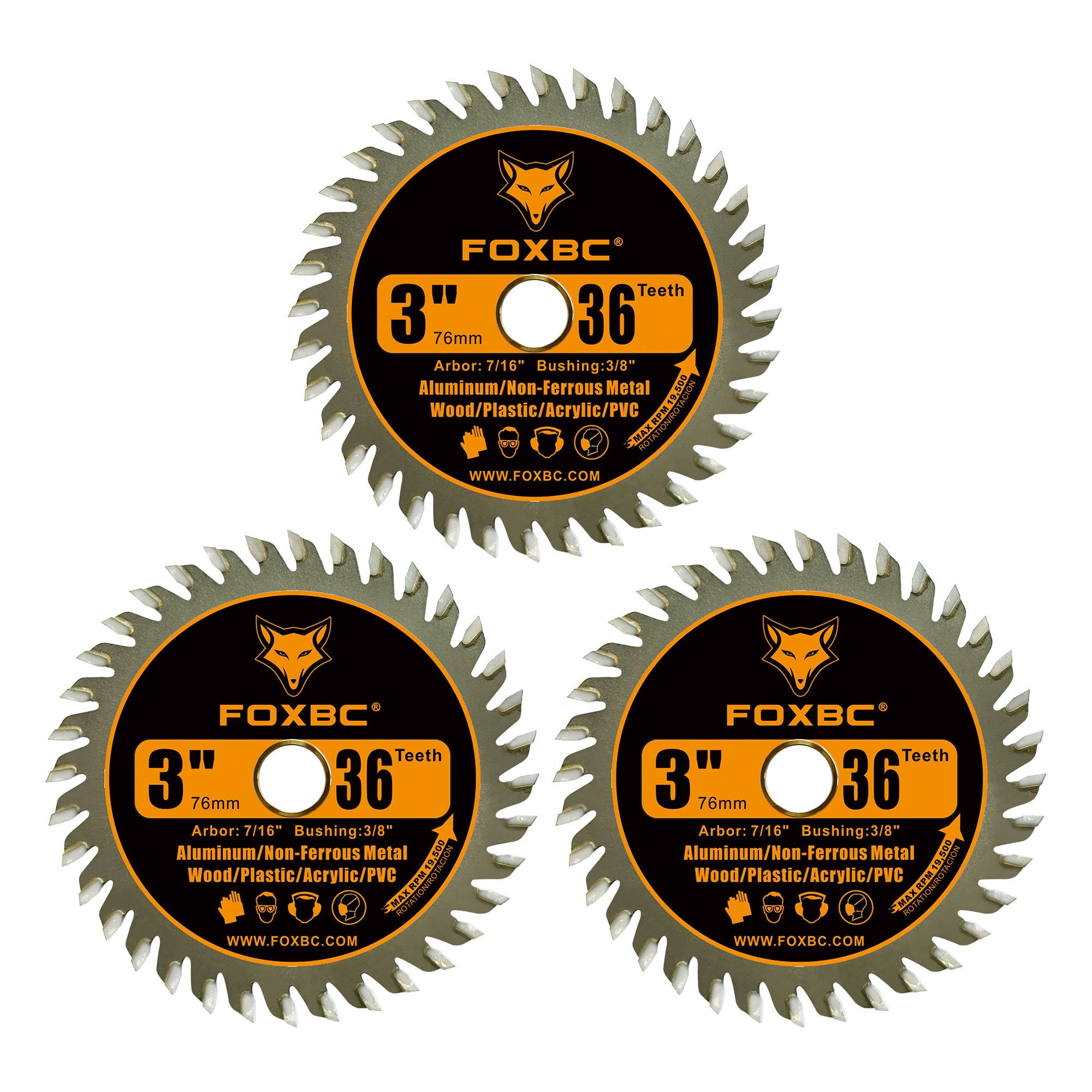 FOXBC 3 Inch Carbide Circular Saw Blade 36 Tooth for Wood, Plastic, PCV, Acrylic, Aluminum with 7/16" Arbor, 3/8" Bushing - 3 Pack