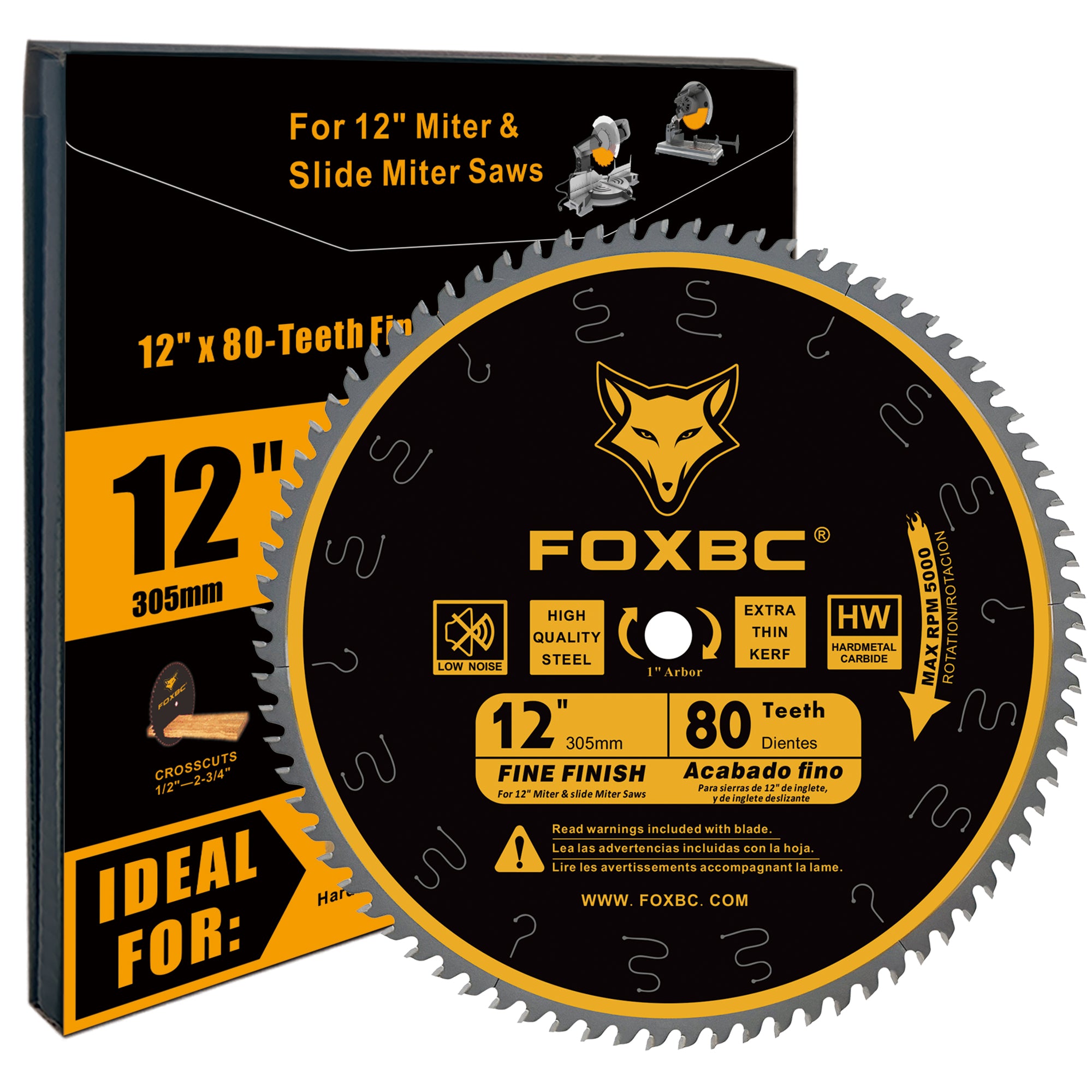 Hoja de sierra ingletadora FOXBC de 12 pulgadas, corte transversal, carburo de tungsteno, 80 dientes