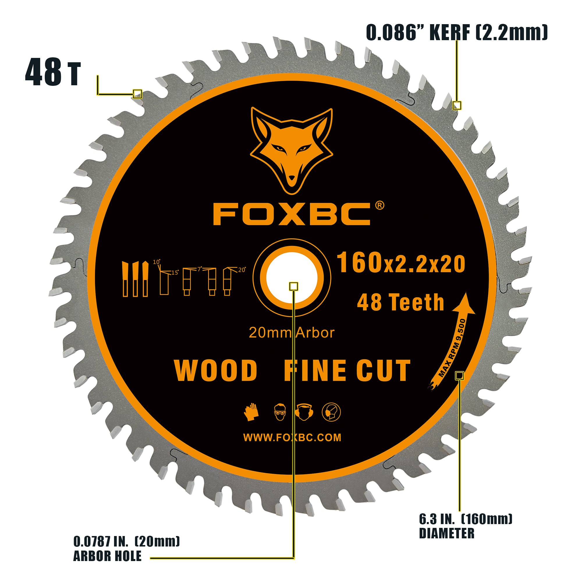 FOXBC 495377 Hoja de sierra de cadena 160x2,2x20mm 48 dientes madera corte fino para Festool TS 55, TSC 55, ATF 55, AP 55, DeWalt DWS520K y Makita SP6000J