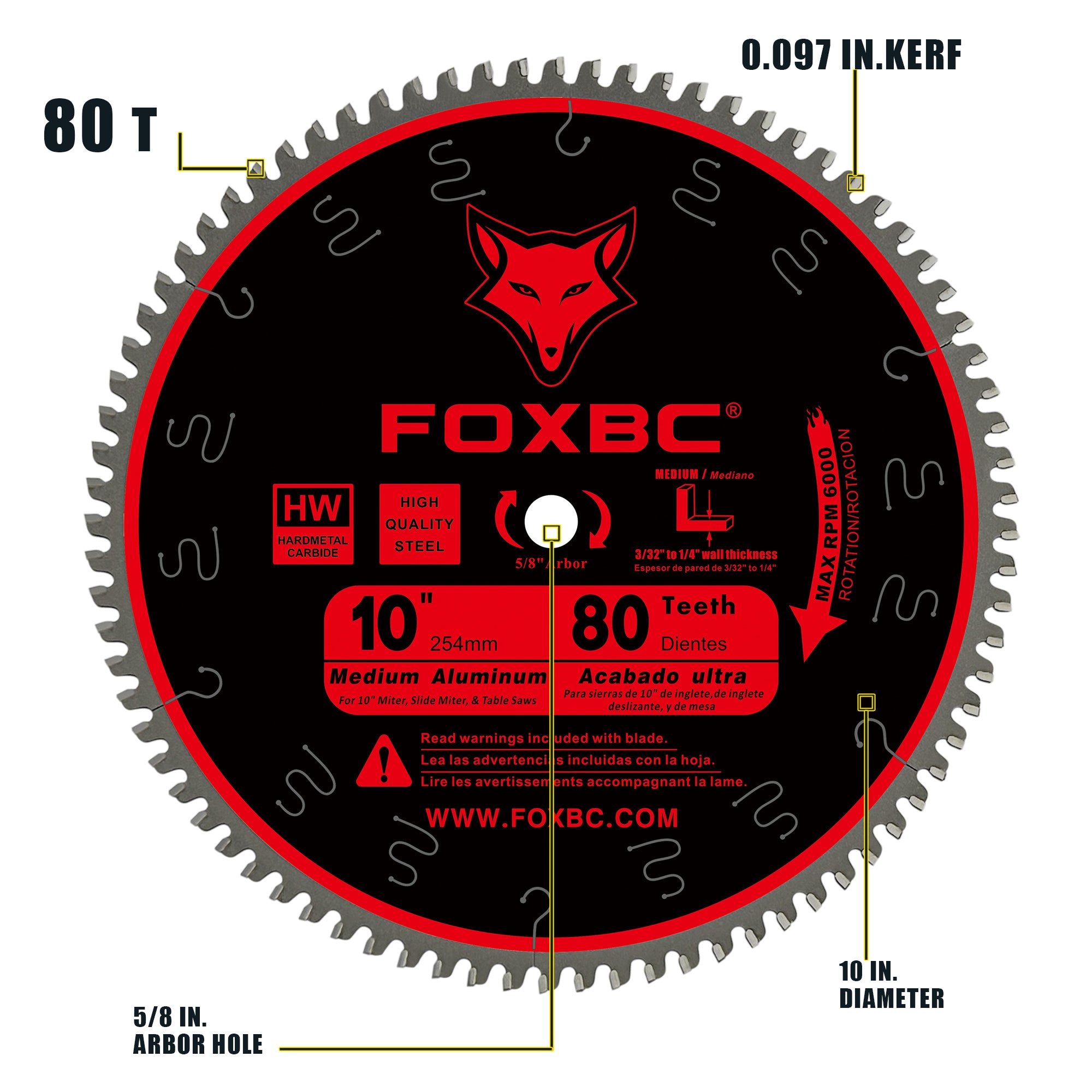 FOXBC 10-Inch Miter/Table Saw Blade 80-Tooth TCG for Aluminum and Non-Ferrous Metal & Plastic Cutting with 5/8-Inch Arbor