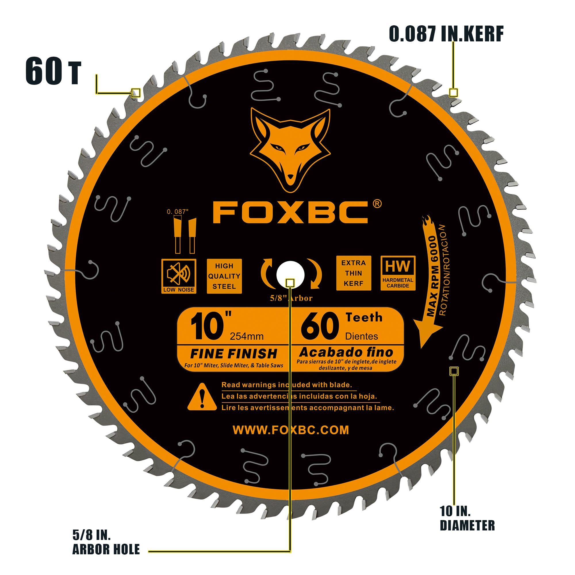 FOXBC Hojas de sierra de inglete/mesa de 10 pulgadas Corte transversal de acabado fino de 60 dientes para sierras de inglete de 10 pulgadas y sierras de mesa DeWalt, Skil, Metabo, Makita