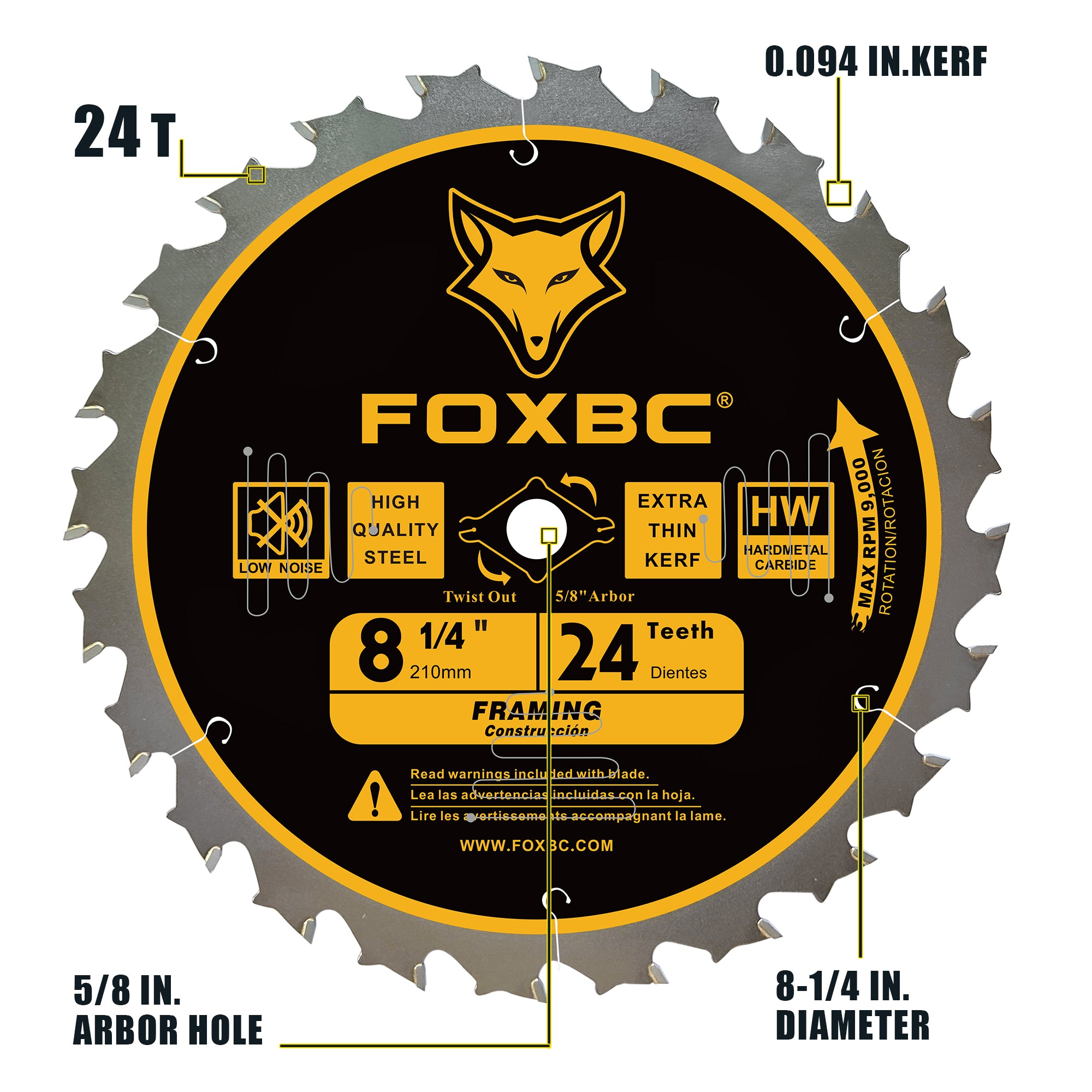 FOXBC 8-1/4 Inch Table Saw Blade 24 Tooth, 60 Tooth Wood Cutting with 5/8" Arbor, Diamond Knockout