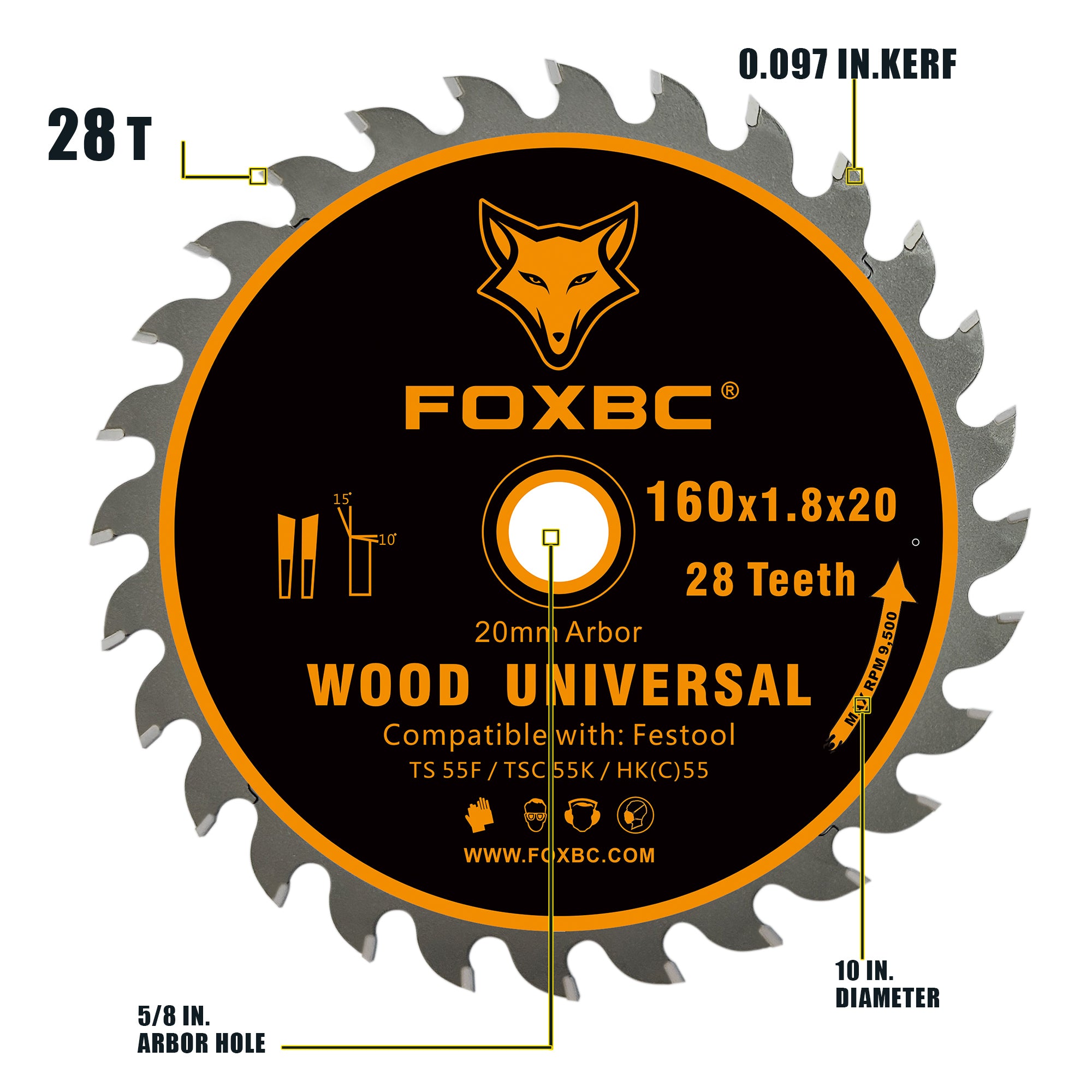 FOXBC 205560 Hoja sierras de cadena 28 dientes 160x1,8x20mm para Festool TS 55 F, TSC 55 K, HK 55 y HKC 55, Madera Universal