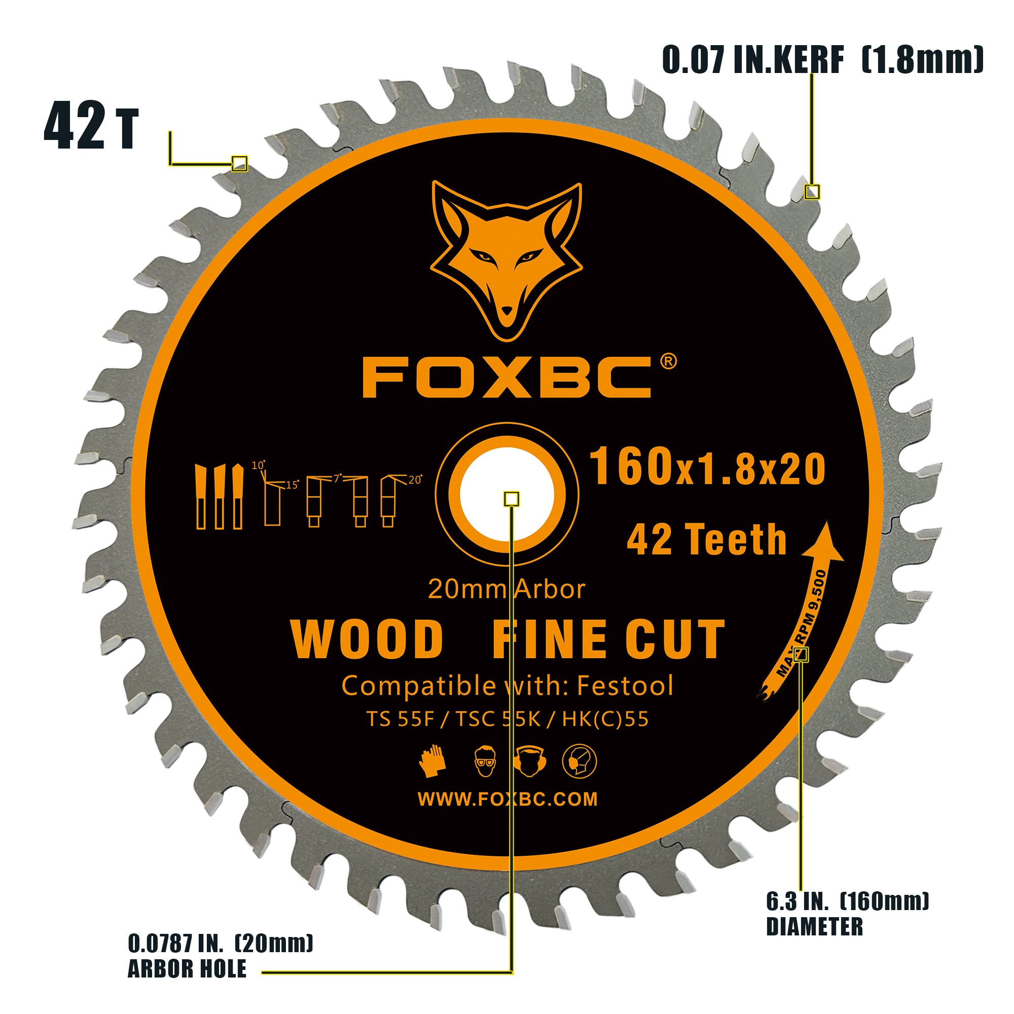 FOXBC 205561 Hoja de sierra de cadena 160x1,8x20mm WD42 Diente Madera Corte fino para Festool TS 55 F, TSC 55 K, HK 55 y HKC 55