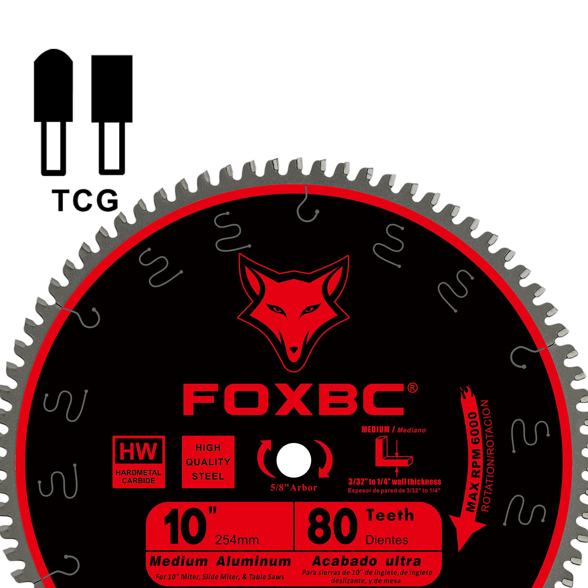 FOXBC 10-Inch Miter/Table Saw Blade 80-Tooth TCG for Aluminum and Non-Ferrous Metal & Plastic Cutting with 5/8-Inch Arbor