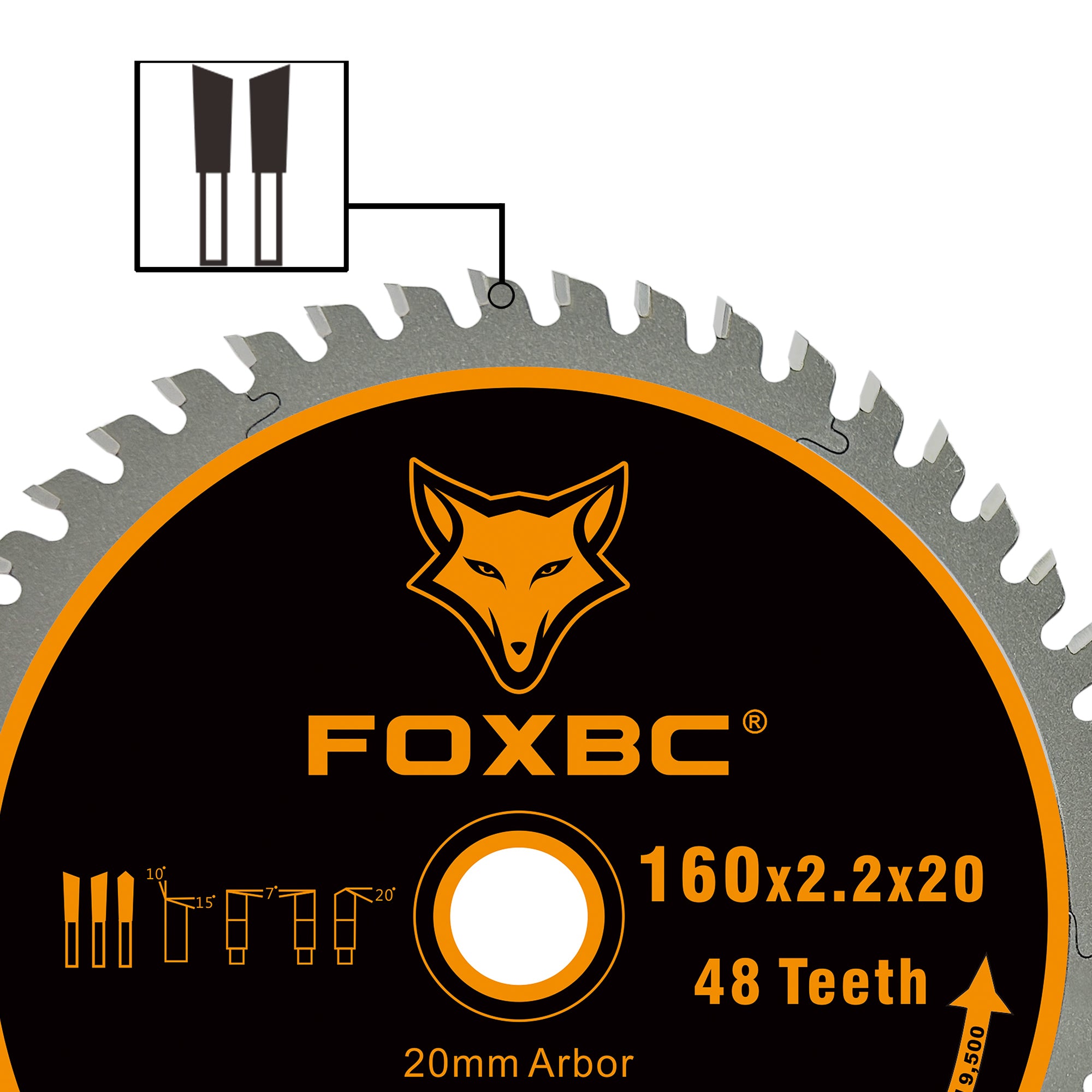 FOXBC 495377 Hoja de sierra de cadena 160x2,2x20mm 48 dientes madera corte fino para Festool TS 55, TSC 55, ATF 55, AP 55, DeWalt DWS520K y Makita SP6000J