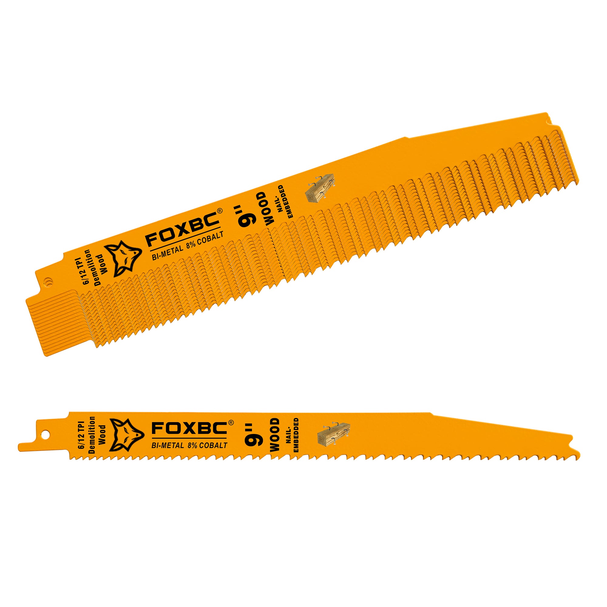 FOXBC 9 Inch 6/12 TPI Demolition Reciprocating Saw Blades for Nail-Embedded Wood, Bi-Metal, 25-Pack with Case