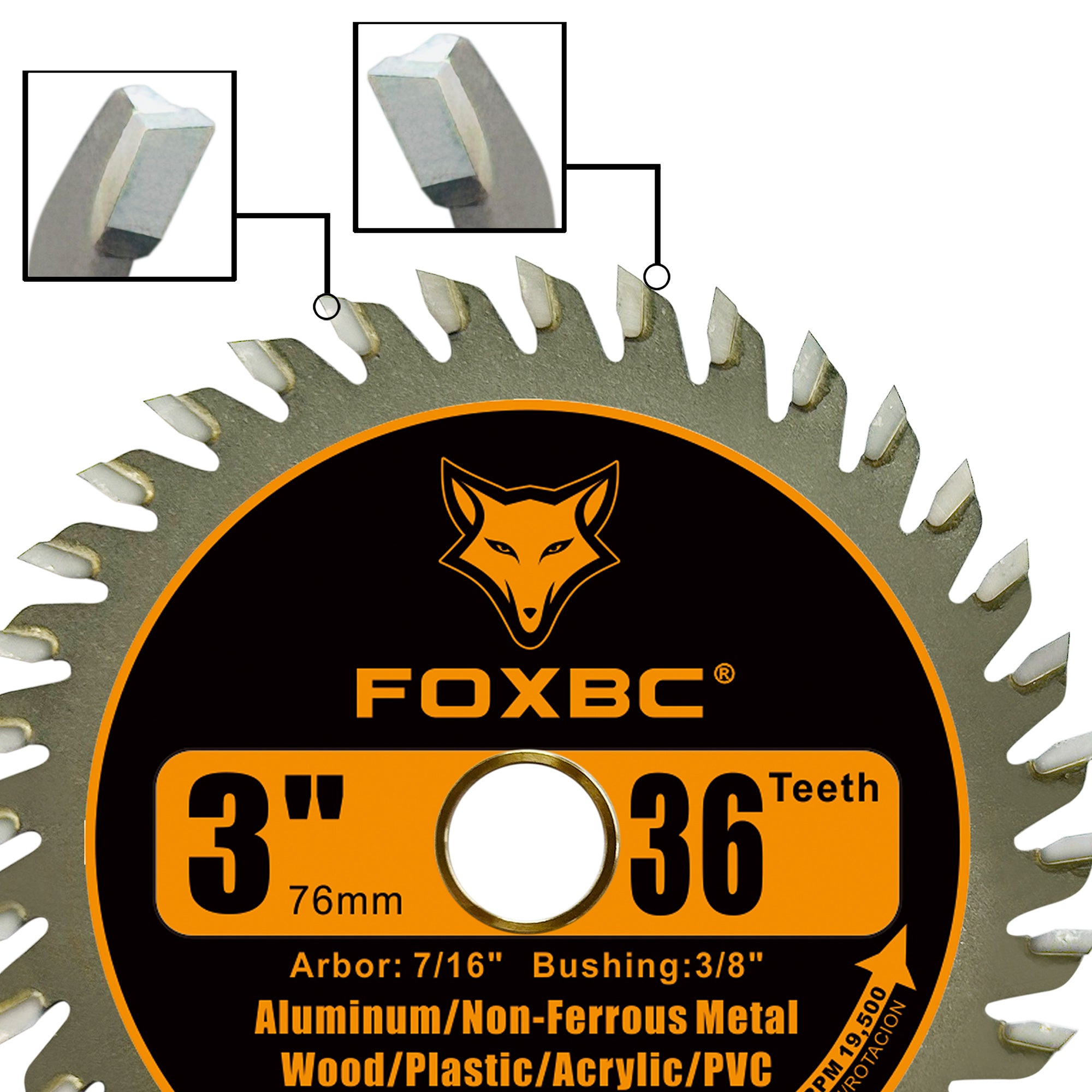 FOXBC 3 Inch Carbide Circular Saw Blade 36 Tooth for Wood, Plastic, PCV, Acrylic, Aluminum with 7/16" Arbor, 3/8" Bushing - 3 Pack