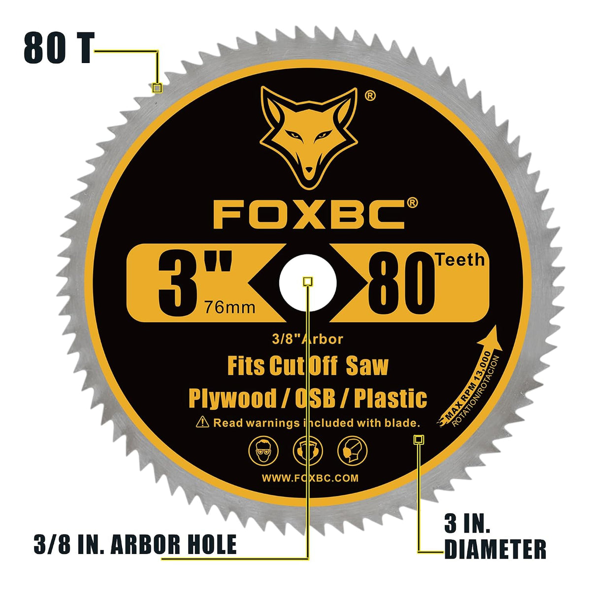 FOXBC 3 Inch 80T Circular Saw Blade Cutting for Plywood, OSB, Veneer, Plastic with 3/8" Arbor - 5 Pack