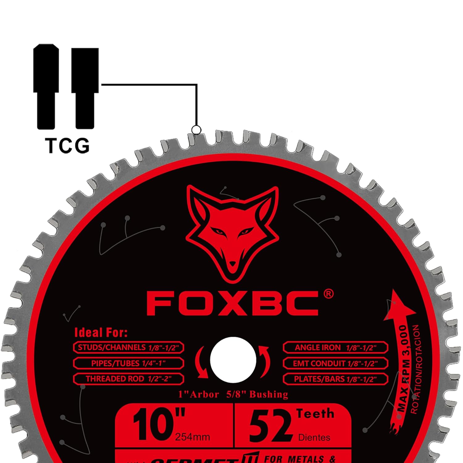 FOXBC 10 Inch Metal Steel Cutting Saw Blade 52 Teeth, 1" Arbor with 5/8" Bushing, Cermet Carbide Up to 5X Longer Life