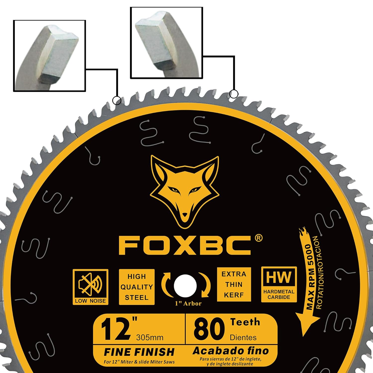 Hoja de sierra ingletadora FOXBC de 12 pulgadas, corte transversal, carburo de tungsteno, 80 dientes