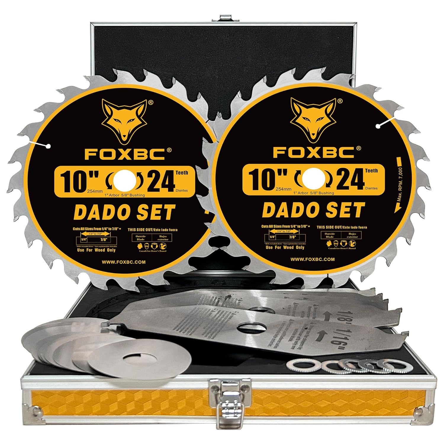 FOXBC 10" Stacking Dado Blade Set, ATB/FT, 1 inch Arbor with 5/8" Bushing, 27 Pieces