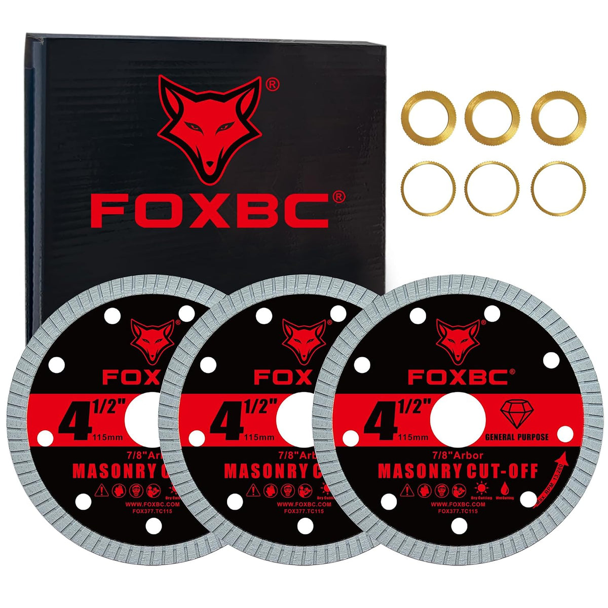 FOXBC 4-1/2 Inch Diamond Turbo Masonry & Concrete Cut-Off Disc for Angle Grinder, 7/8-Inch Arbor - 3 Pack