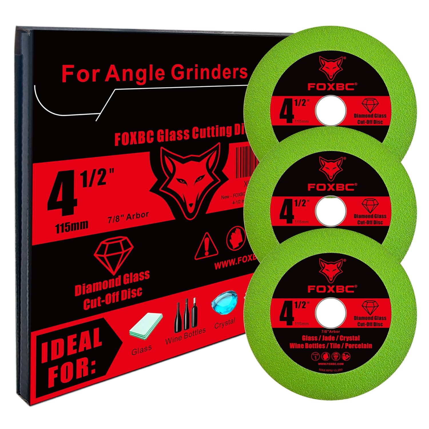 FOXBC 4-1/2 Inch Glass Cutting Disc for Angle Grinders, Diamond Saw Blades Wheel Multi-Material for Grinding Ceramic, Crystal, Tile, Wine Bottle, 7/8" Arbor - 3 Pack
