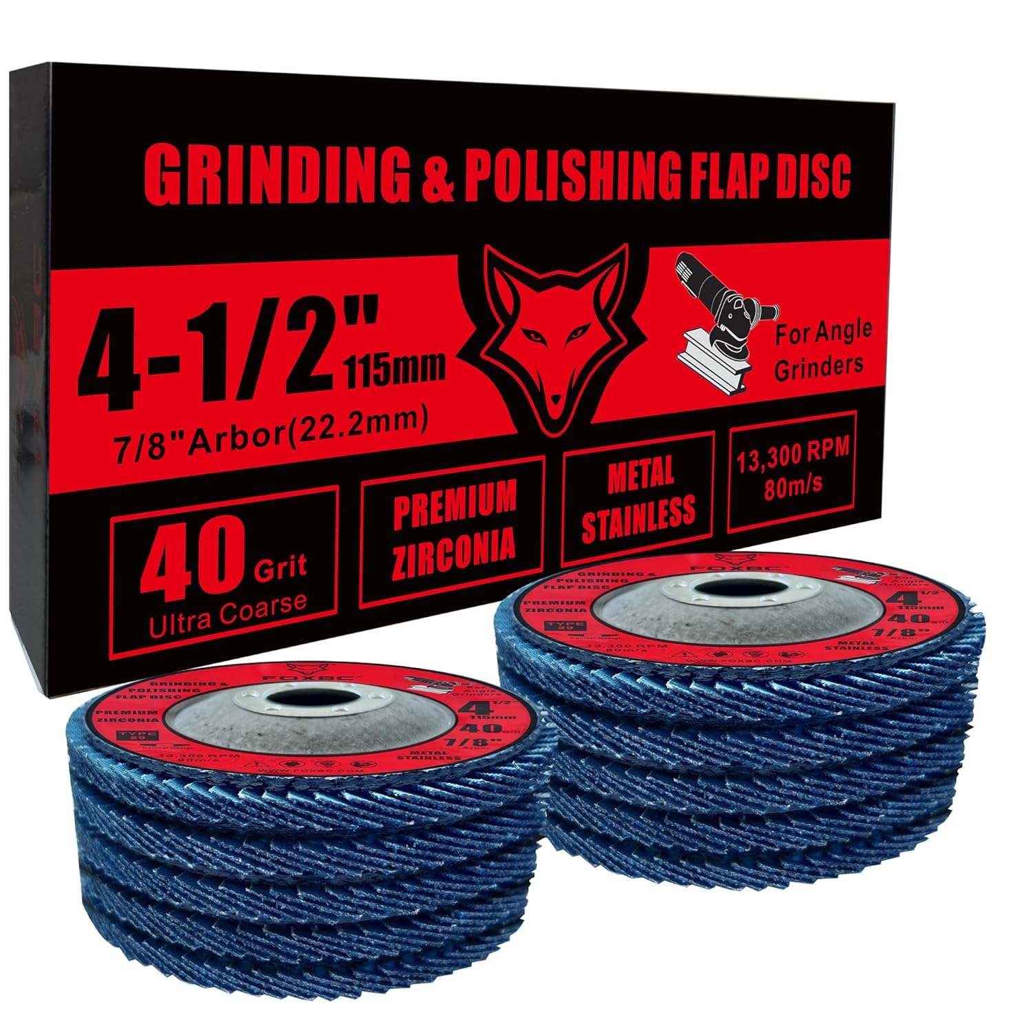 FOXBC 4-1/2 inch Flap Disc for Angle Grinder, 40 Grit, Type 29, Premium Zirconium Grinding and Polishing for Metal, 10 Pack