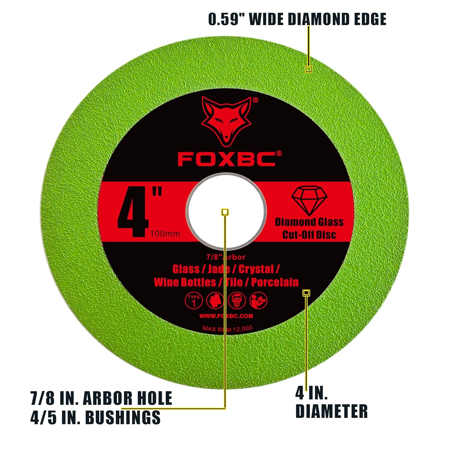 FOXBC Glass Cutting Disc 4 Inch for Angle Grinders, Diamond Saw Blades Wheel Multi-Material for Grinding Ceramic, Crystal, Tile, Wine Bottle, 7/8" Arbor - 3 Pack