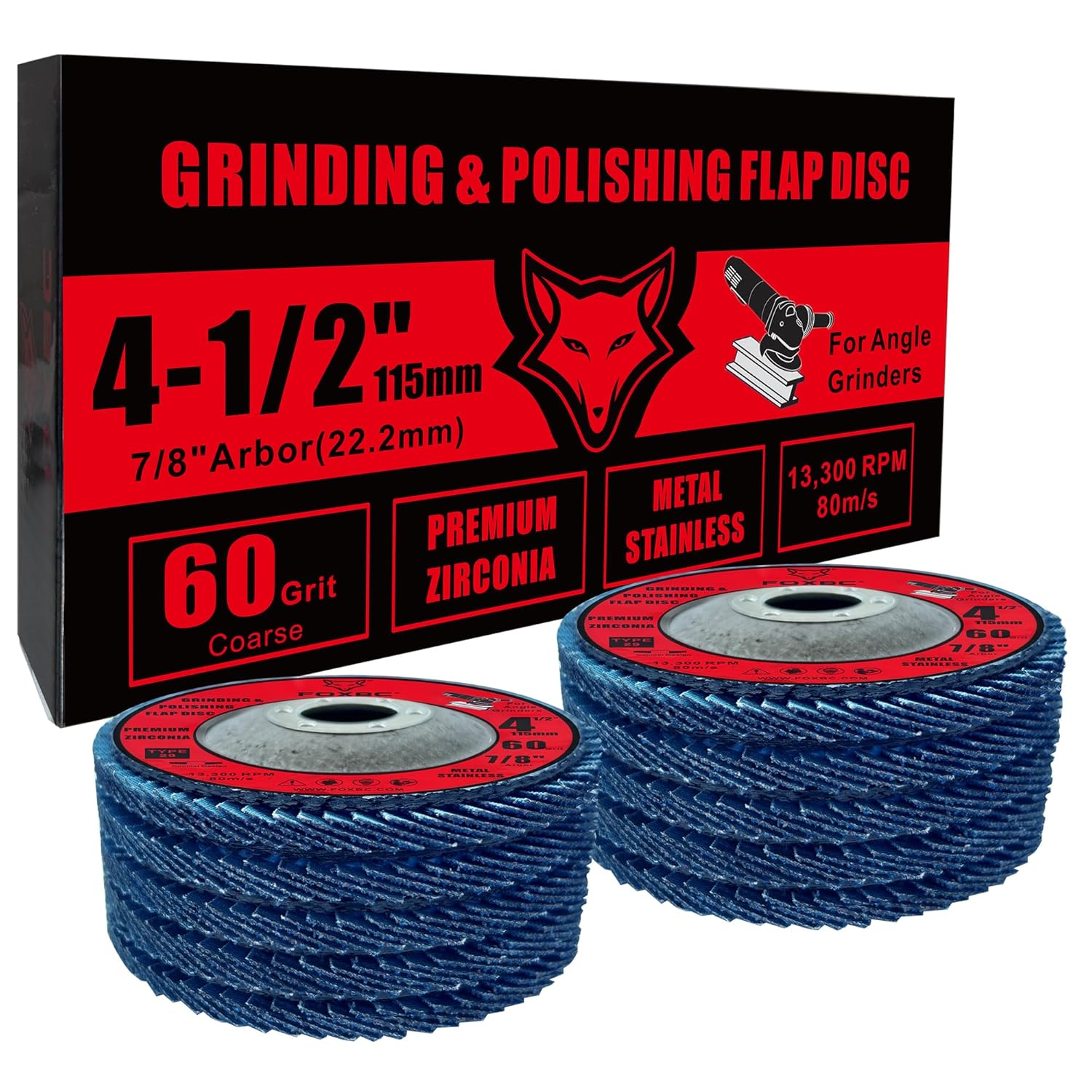 FOXBC 4-1/2 inch Flap Disc for Angle Grinder, 60 Grit, Type 29, Premium Zirconium Grinding and Polishing for Metal, 10 Pack