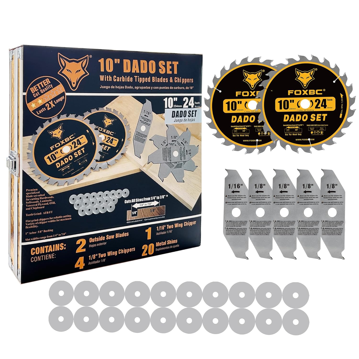 FOXBC 10" Stacking Dado Blade Set, ATB/FT, 1 inch Arbor with 5/8" Bushing, 27 Pieces