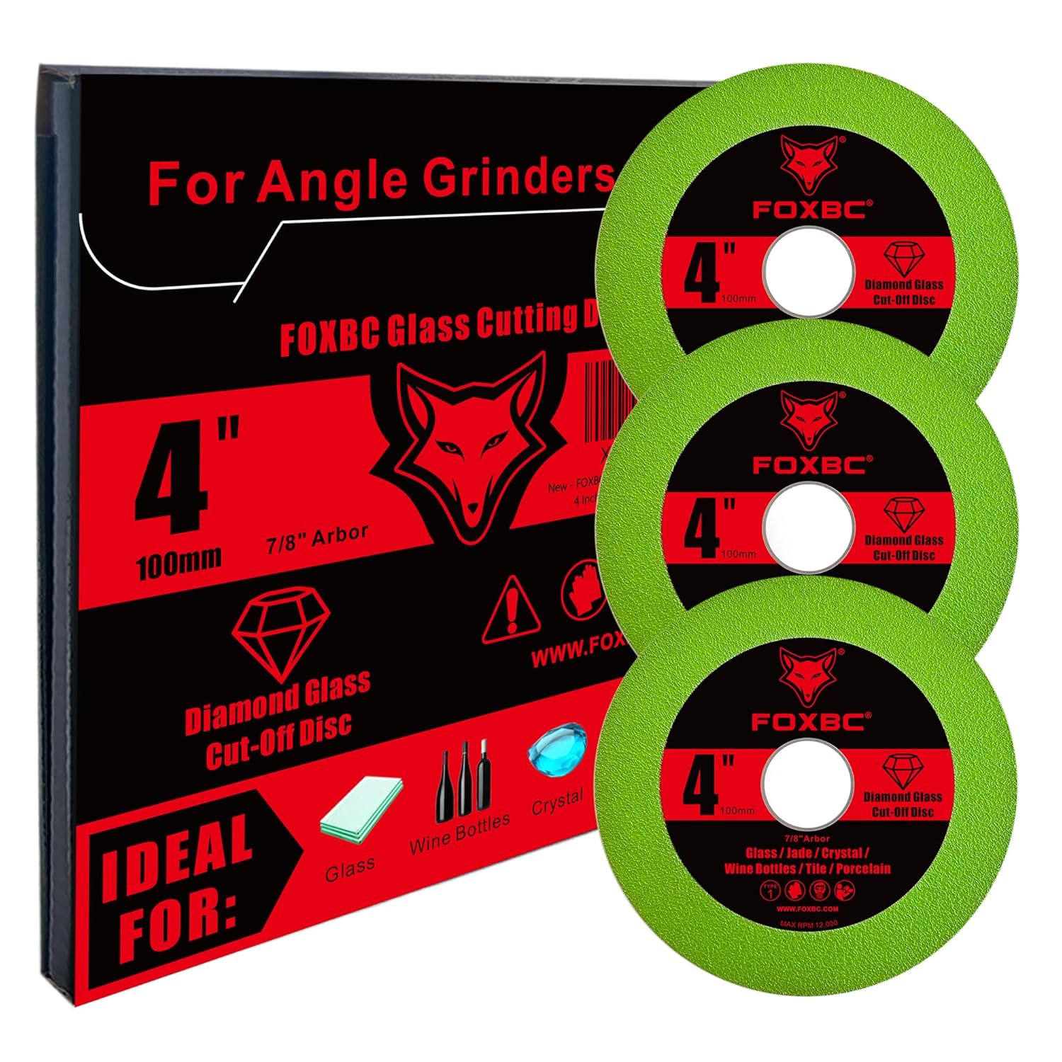 FOXBC Glass Cutting Disc 4 Inch for Angle Grinders, Diamond Saw Blades Wheel Multi-Material for Grinding Ceramic, Crystal, Tile, Wine Bottle, 7/8" Arbor - 3 Pack