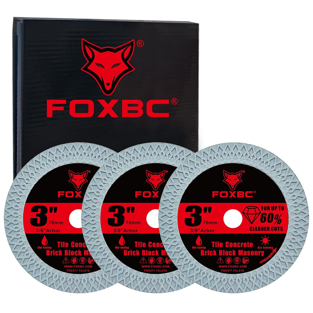 FOXBC 3 Inch Diamond Tile & Masonry Cut-Off Wheels, 3/8" Arbor - 3 Pack