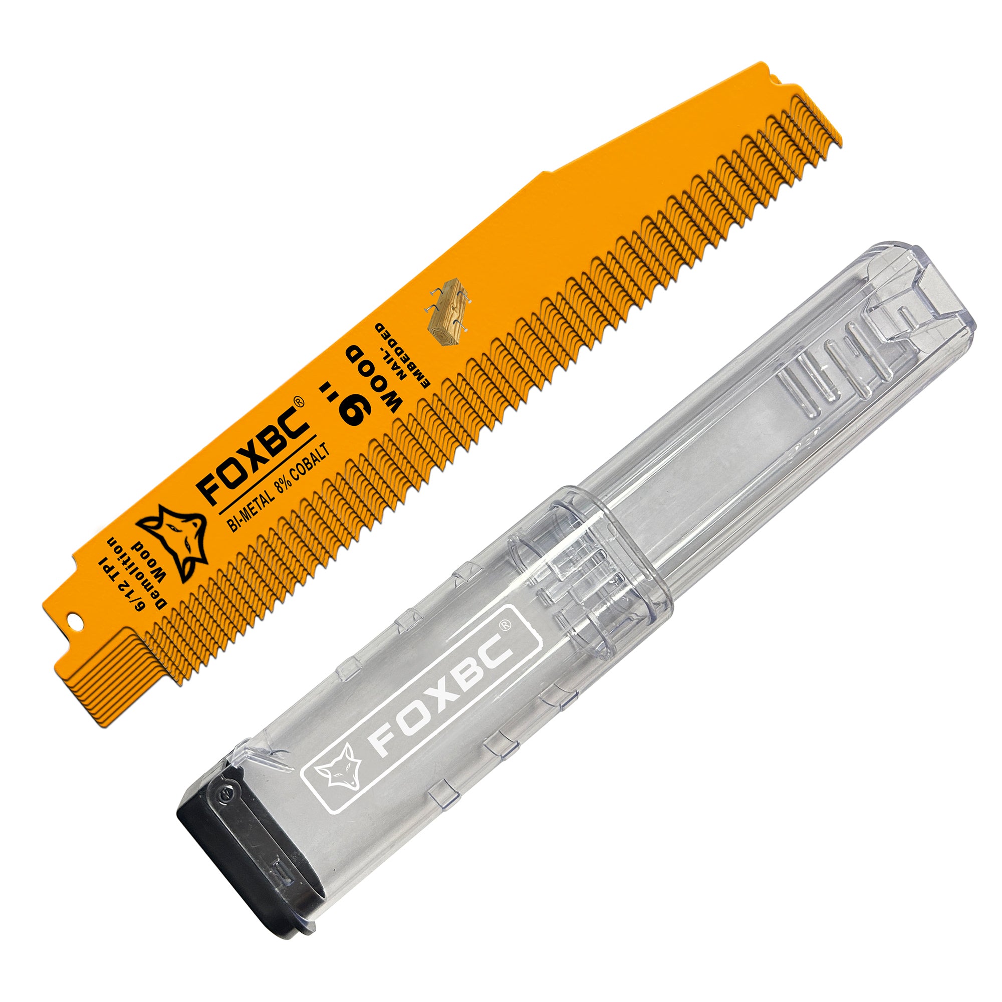 FOXBC 9 Inch 6/12 TPI Demolition Reciprocating Saw Blades for Nail-Embedded Wood, Bi-Metal, 25-Pack with Case