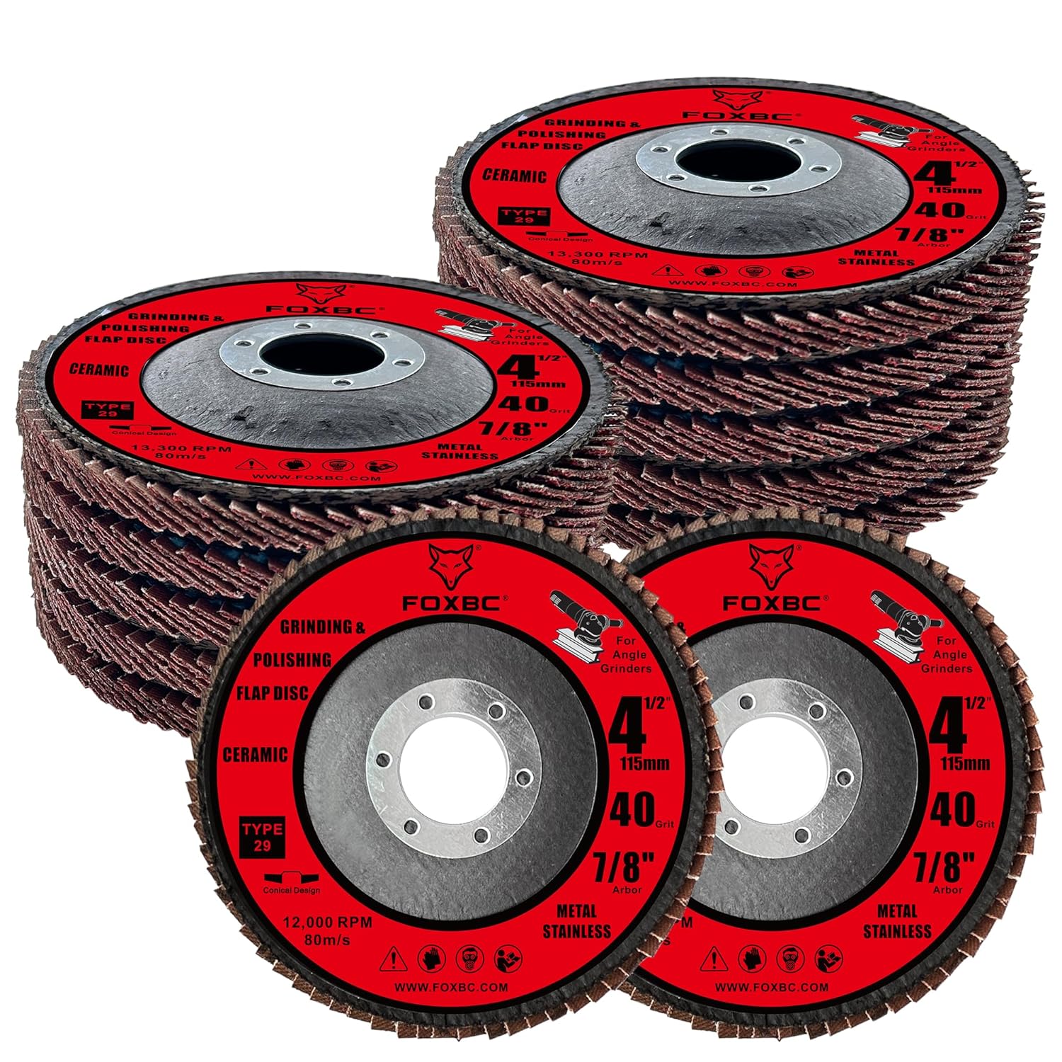 FOXBC 4-1/2 inch Flap Disc for Angle Grinder, 40 Grit, Type 29, Ceramic Grinding and Polishing for Metal, 10 Pack