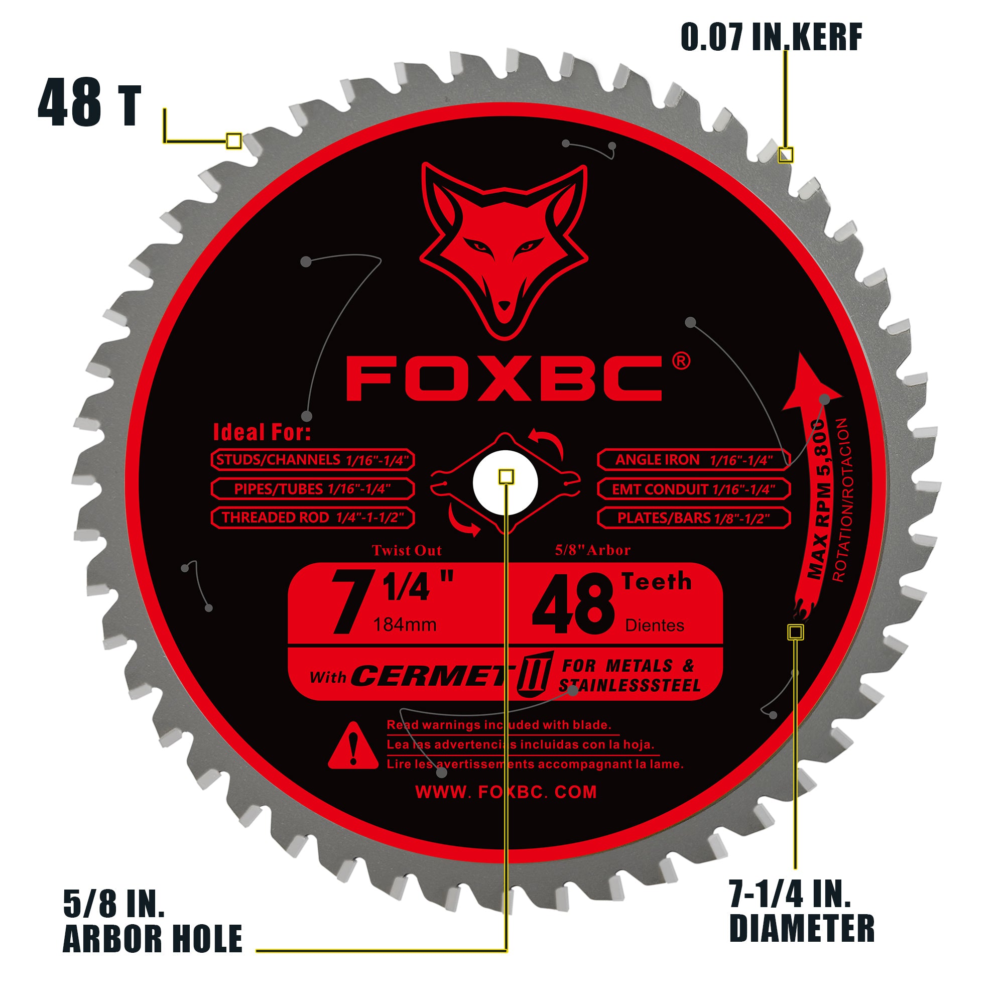 FOXBC 7-1/4 inch 48 Teeth Circular Saw Blade for Metal and Stainless Steel Cutting, Replacement for Diablo D0748CF Ceramic Carbide Saw Blade