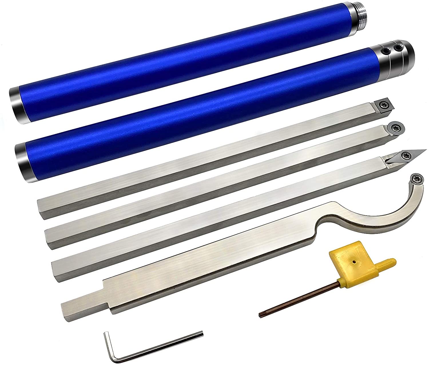 Wood Turning Tools Set Carbide Tipped Lathe Rougher Finisher Swan Neck Hollowing Tools and Interchangeable Aluminum Alloy Grip Handle with Diamond Round Square Carbide Inserts