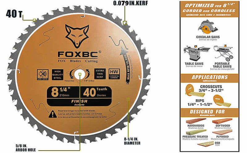 Hoja de sierra de mesa FOXBC de 8-1/4", hoja de sierra circular de acabado de 40 dientes con eje de 5/8", perforación de diamante