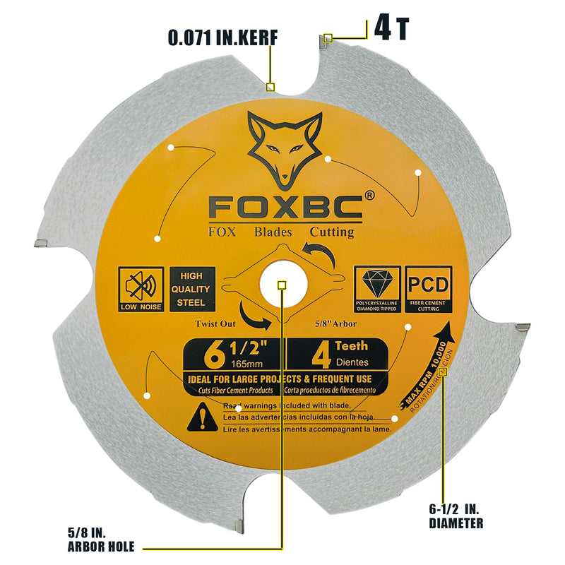 FOXBC Hoja de sierra de fibrocemento Hardie de diamante policristalino (PCD) de 4 dientes de 6-1/2 pulgadas, eje de 5/8