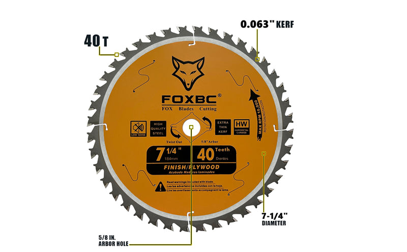 Hoja de sierra circular FOXBC de 7-1/4", 40 dientes, hoja de sierra de acabado con eje de 5/8", extracción de diamante