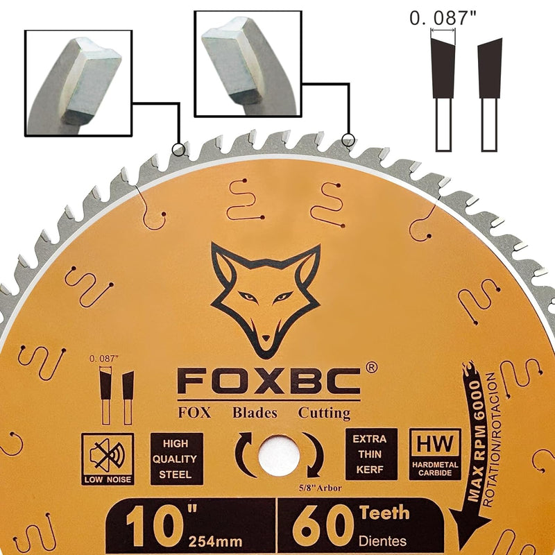 Hojas de sierra de mesa/inglete FOXBC de 10 pulgadas Hoja de corte transversal con acabado fino y corte fino de 60 dientes