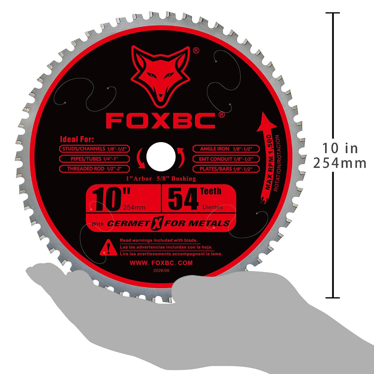 FOXBC 10 Inch Metal Steel Cutting Saw Blade, 54 Teeth, 1" Arbor 5/8" Bushing, Cermet Carbide, Up to 5X Longer Life
