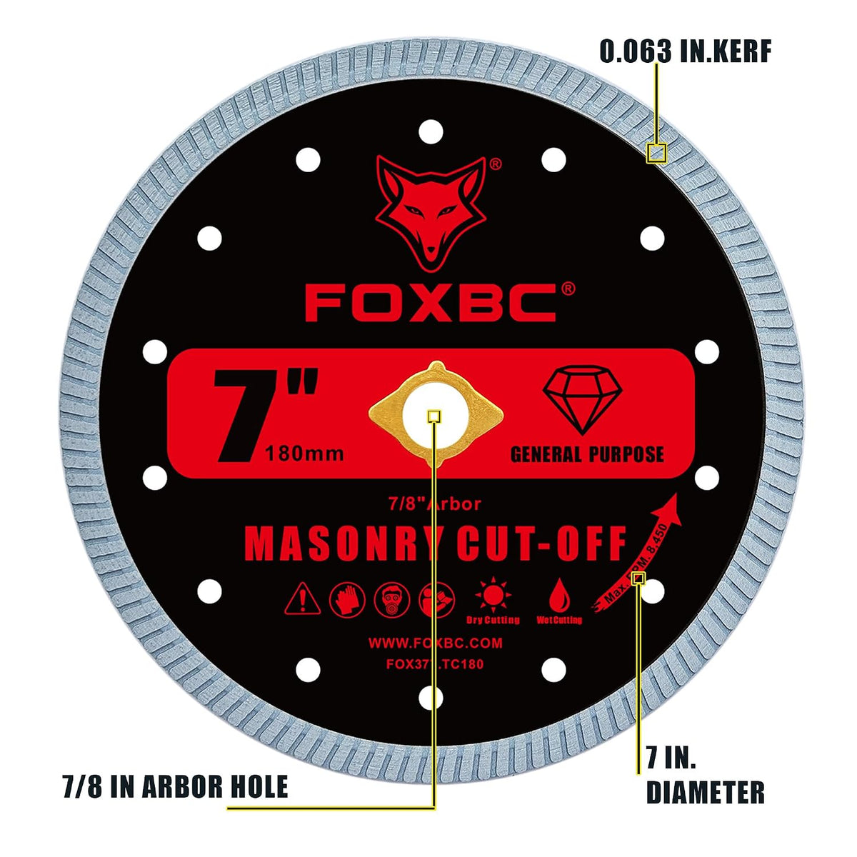FOXBC 7 Inch Diamond Blades Turbo Masonry & Concrete Cut-Off Disc for Angle Grinder, 7/8-Inch Arbor - 2 Pack