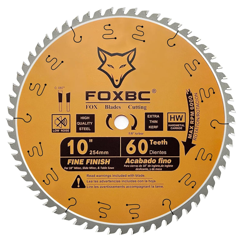 FOXBC 10 Inch Miter/Table Saw Blades 60-Tooth, Thin Kerf Fine Finish Crosscut Blade