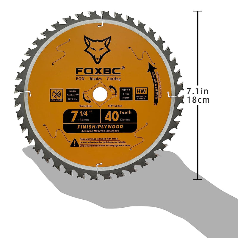 Hoja de sierra circular FOXBC de 7-1/4", 40 dientes, hoja de sierra de acabado con eje de 5/8", extracción de diamante