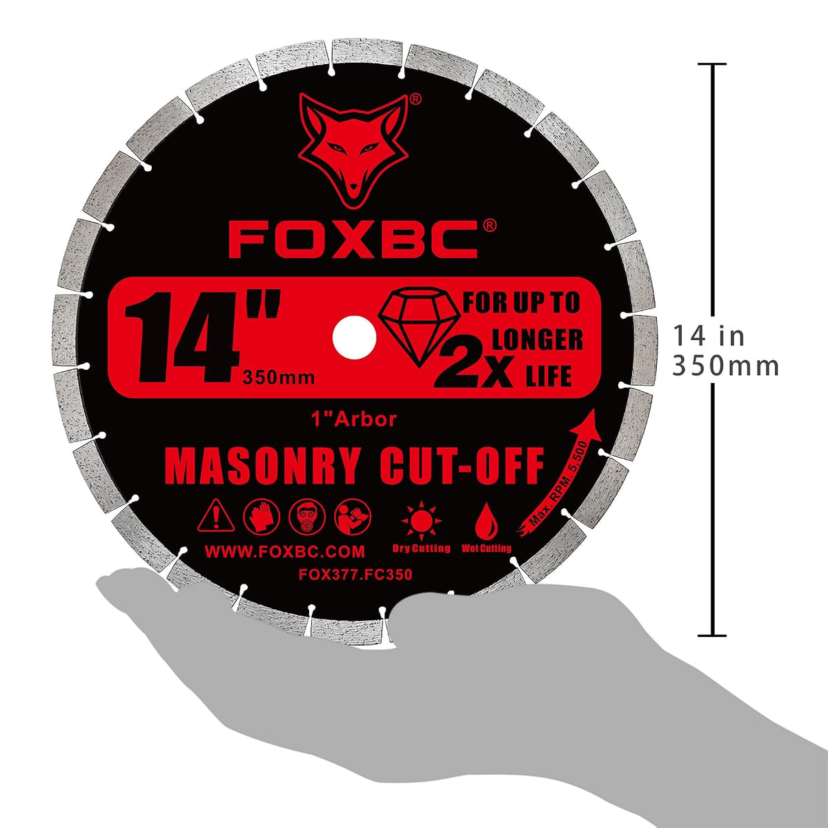 FOXBC 14 Inch Segmented Diamond Saw Blade for Masonry & Concrete, 1" Arbor Heavy-Duty General Purpose Blade for Concrete, Stone, Brick & Block