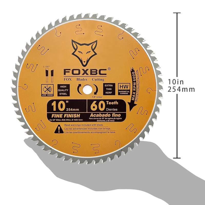 Hojas de sierra de mesa/inglete FOXBC de 10 pulgadas Hoja de corte transversal con acabado fino y corte fino de 60 dientes