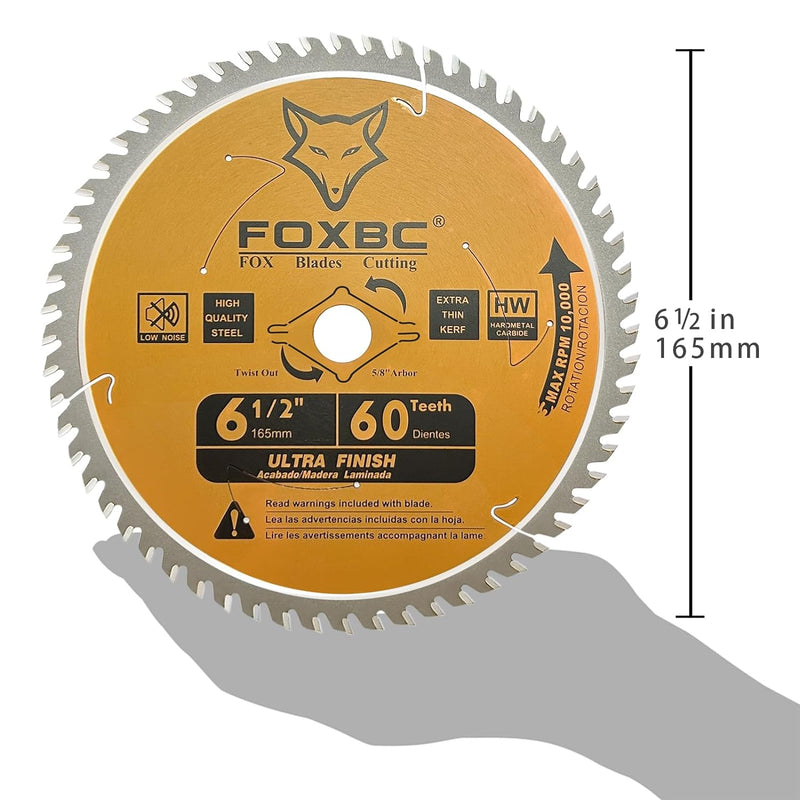 FOXBC 6-1/2 inch Circular Saw Blade Ultra Fine Finish 60-Tooth for Wood Cutting, Thin-Kerf with 5/8" Arbor