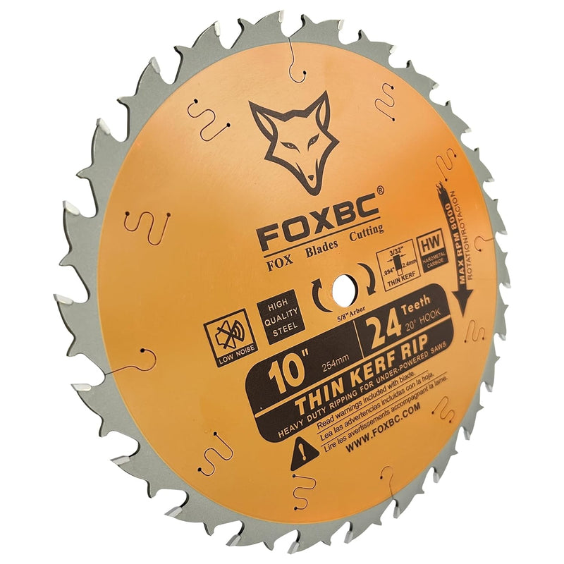 FOXBC 10-Inch Table Saw Blade, Thin Kerf Ripping Saw Blade for Wood Cutting, 24-Teeth, 5/8-Inch Arbor