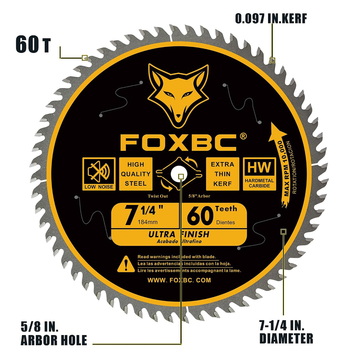 FOXBC 7-1/4 inch Circular Saw Blade for Wood, 60-Tooth, Ultra Fine Finish - 2PK