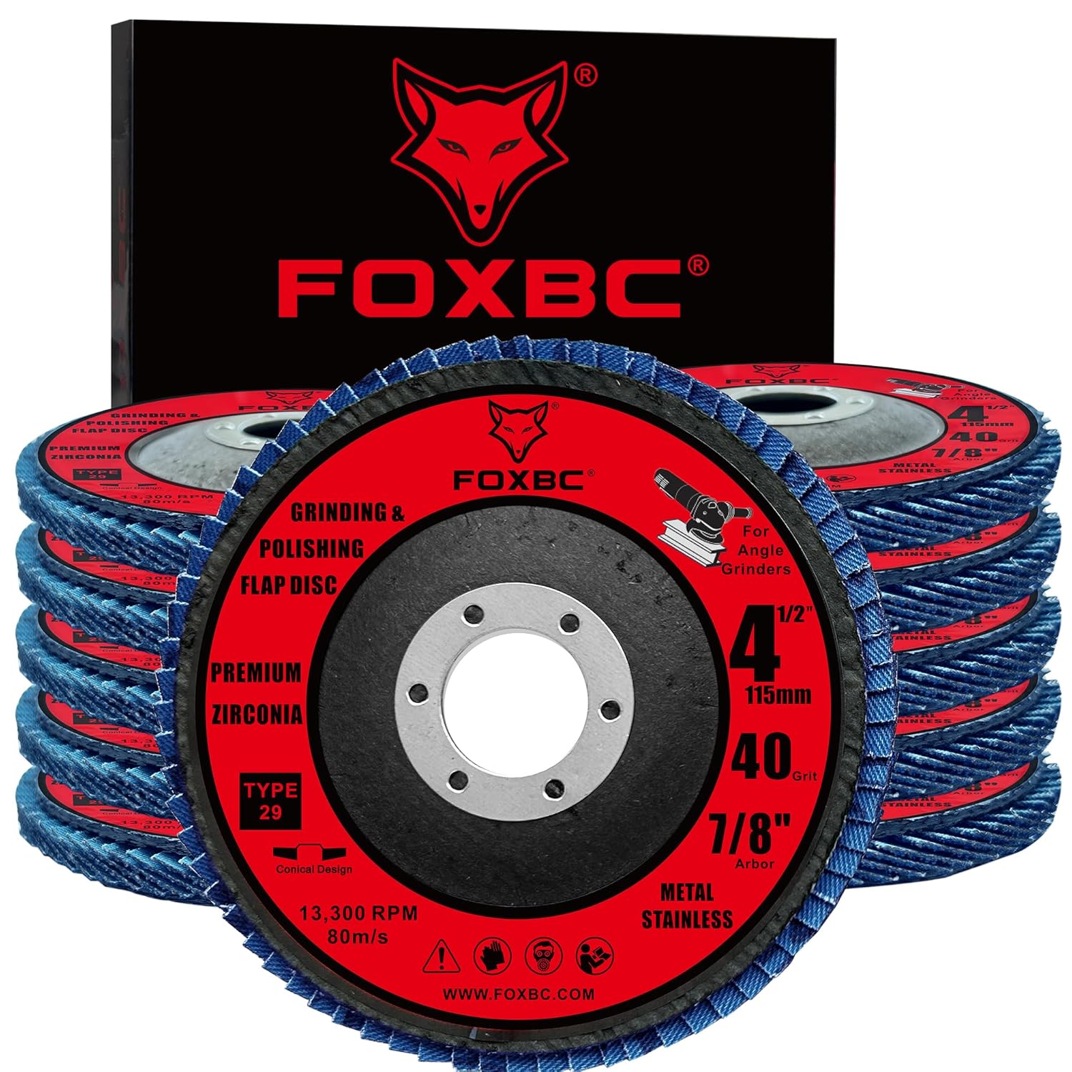 FOXBC 4-1/2 inch Flap Disc for Angle Grinder, 40 Grit, Type 29, Premium Zirconium Grinding and Polishing for Metal, 10 Pack