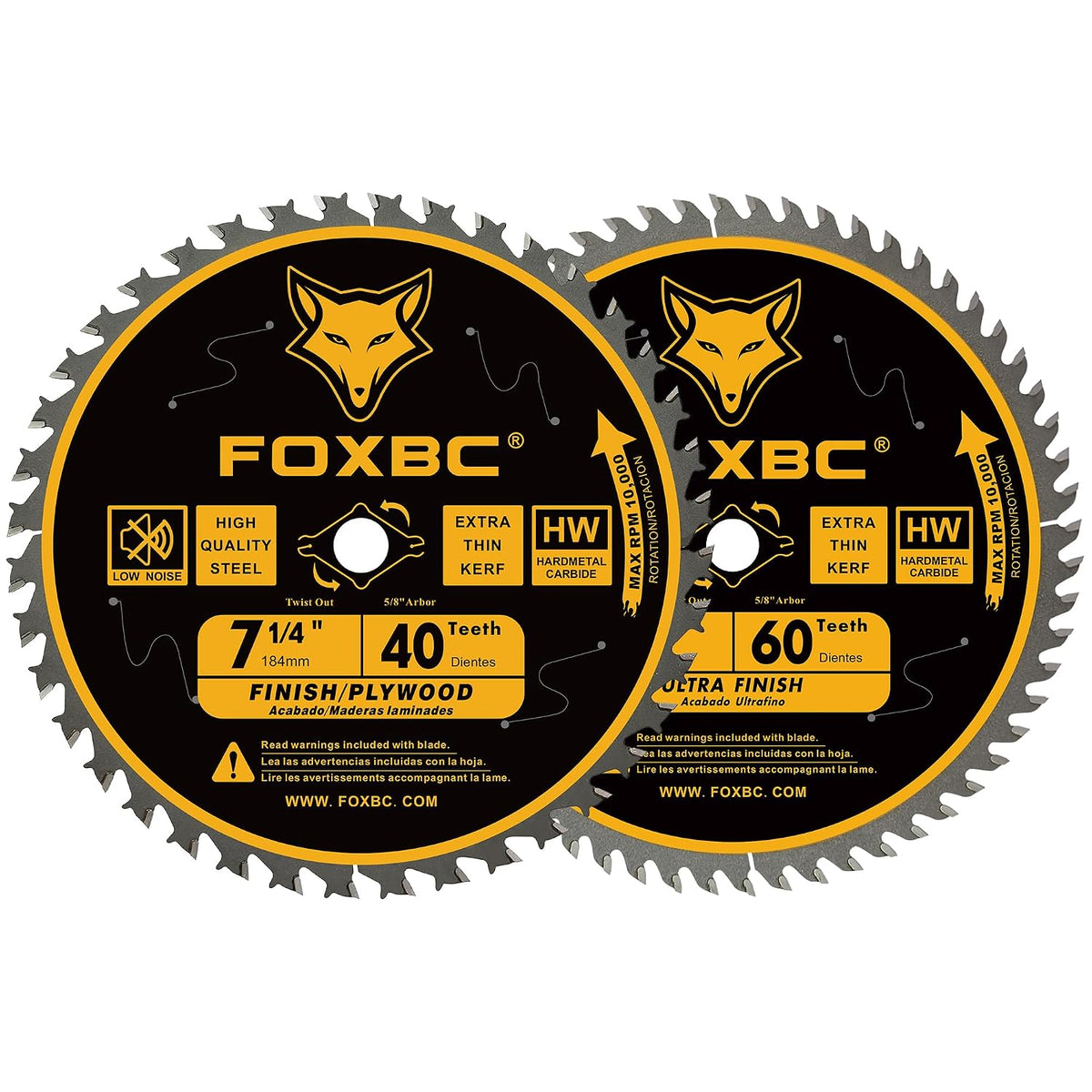 FOXBC 7-1/4 Inch Circular Saw Blade 40T 60T Combo Pack, Ultra Fine Finish for Wood Cutting, Thin-Kerf with 5/8" Arbor