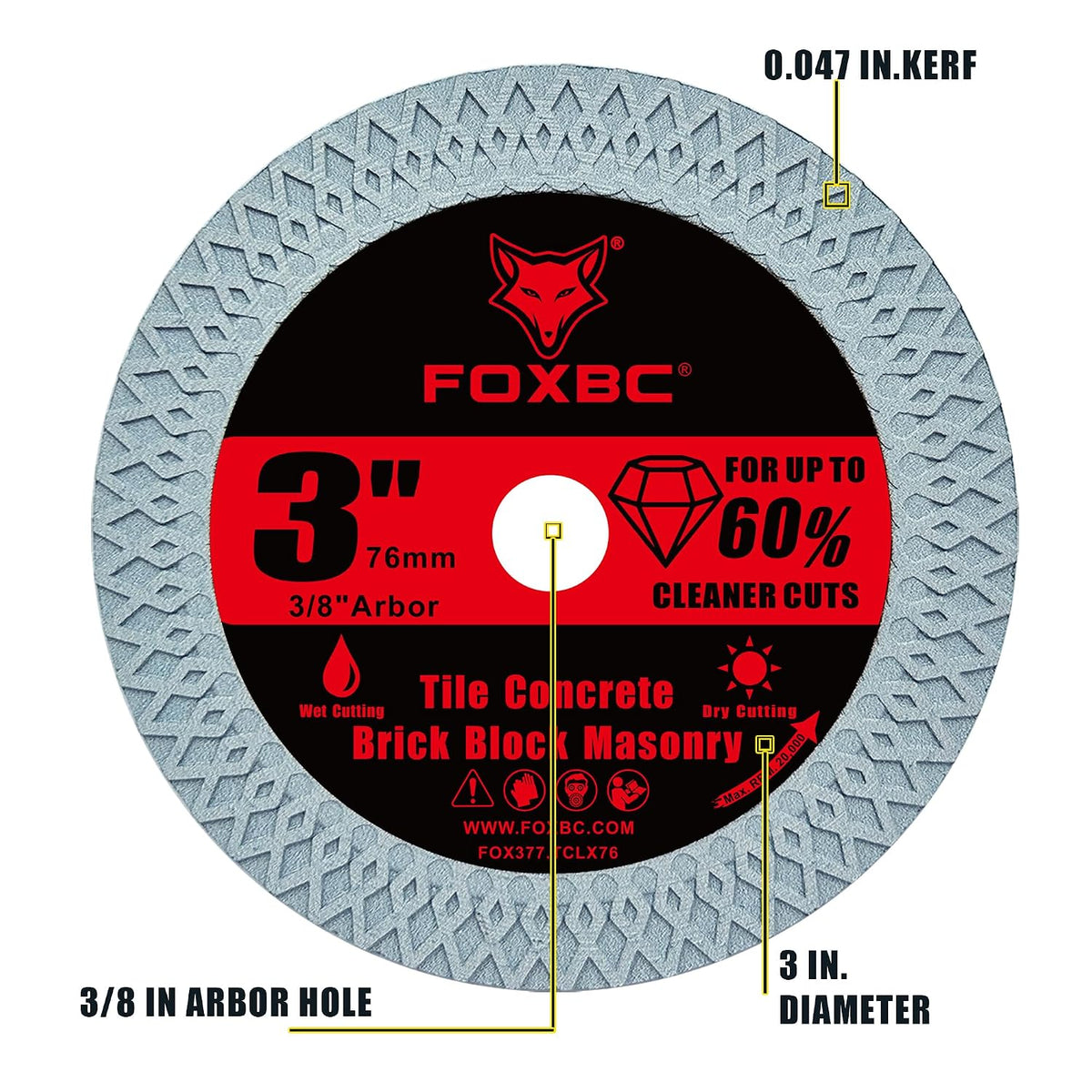 FOXBC 3 Inch Diamond Tile & Masonry Cut-Off Wheels, 3/8" Arbor - 3 Pack