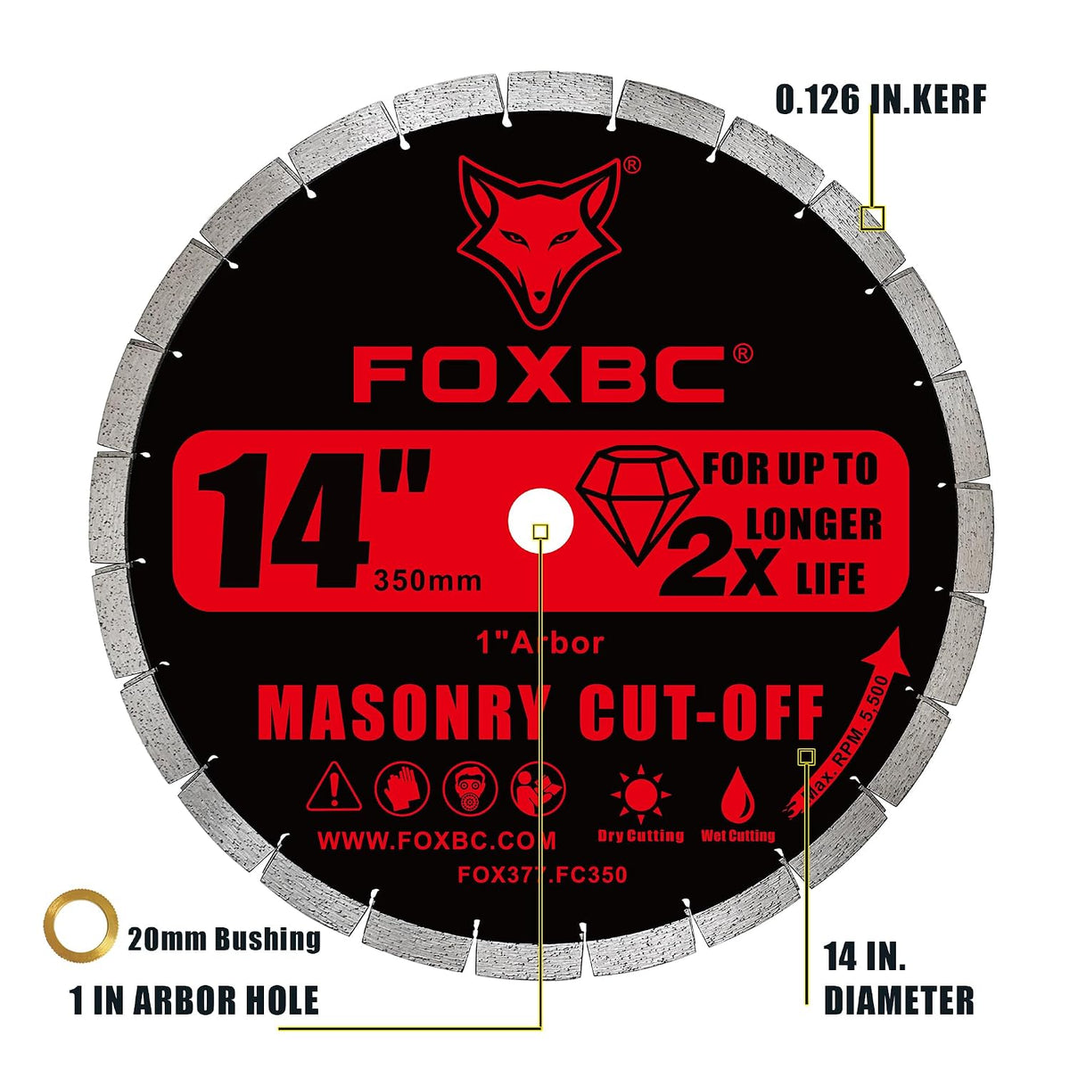 FOXBC 14 Inch Segmented Diamond Saw Blade for Masonry & Concrete, 1" Arbor Heavy-Duty General Purpose Blade for Concrete, Stone, Brick & Block