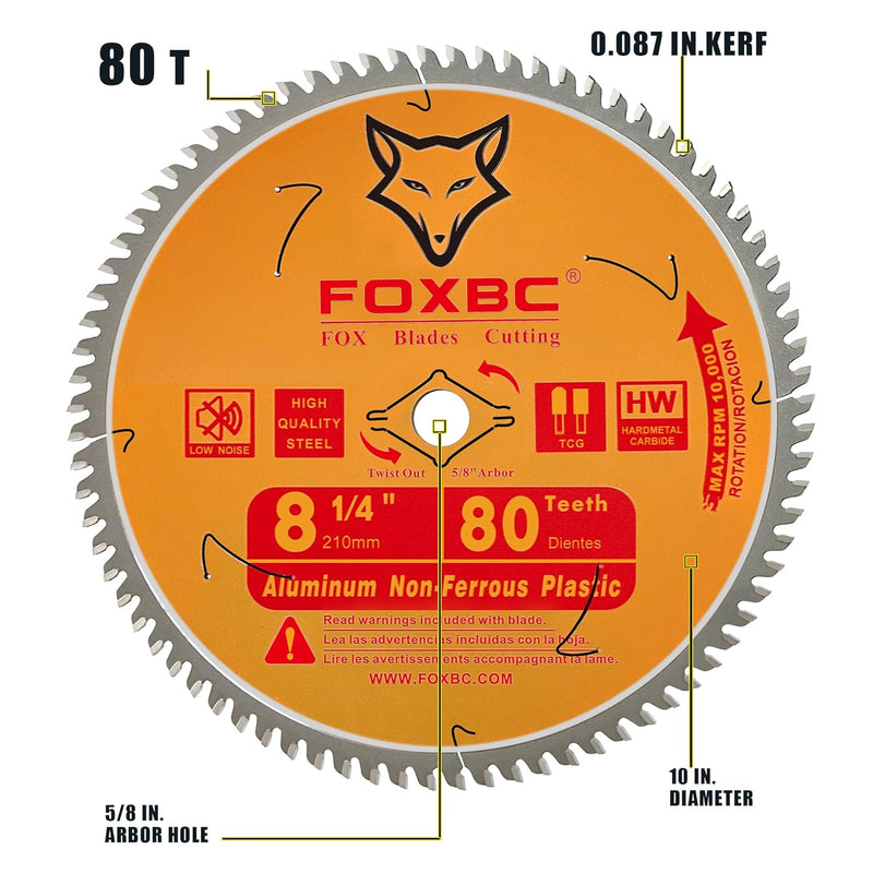 FOXBC 8-1/4 Inch Table Saw Blade 80-Tooth for Aluminum Copper Plastic Brass Fiberglass Cutting with 5/8-Inch Arbor