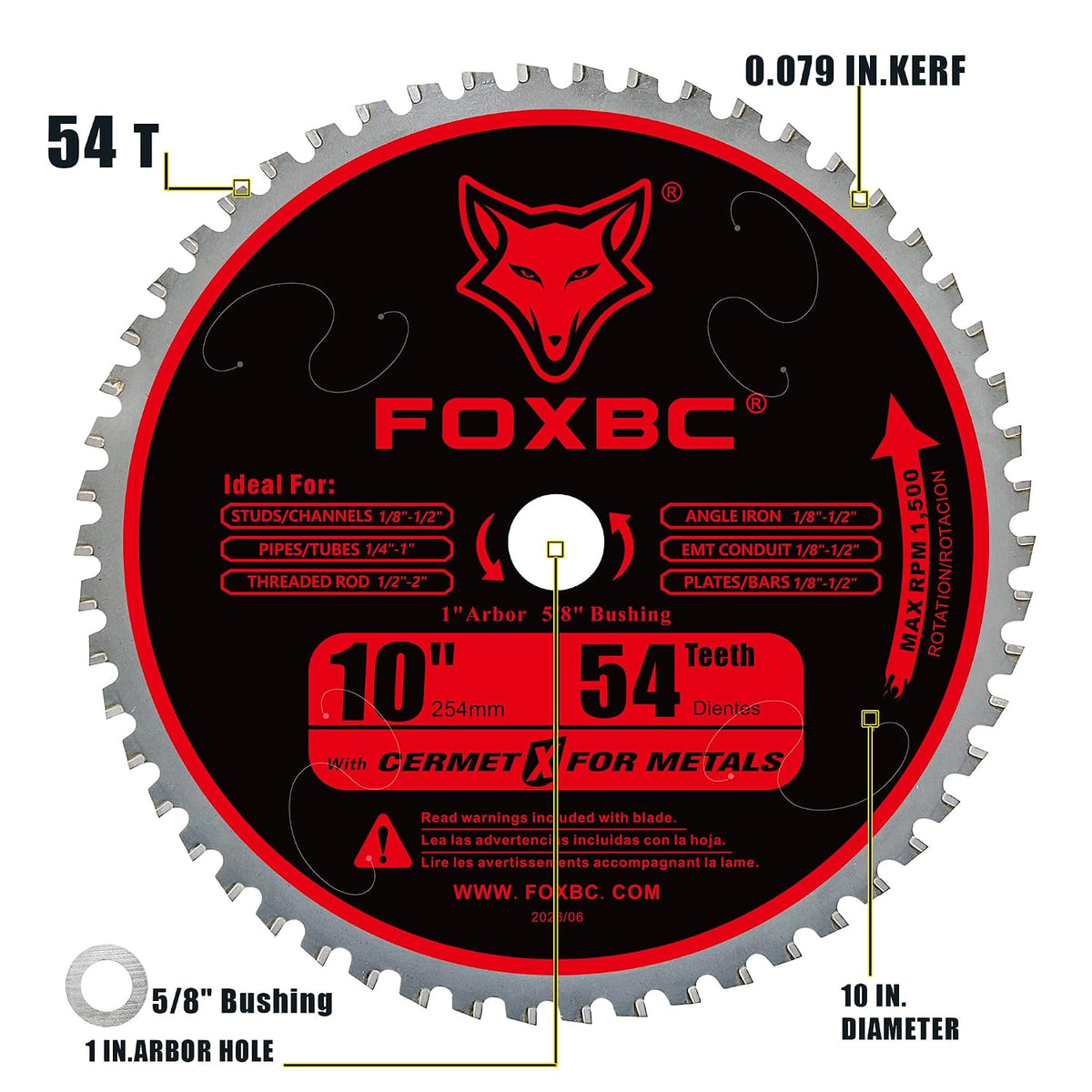 FOXBC 10 Inch Metal Steel Cutting Saw Blade, 54 Teeth, 1" Arbor 5/8" Bushing, Cermet Carbide, Up to 5X Longer Life