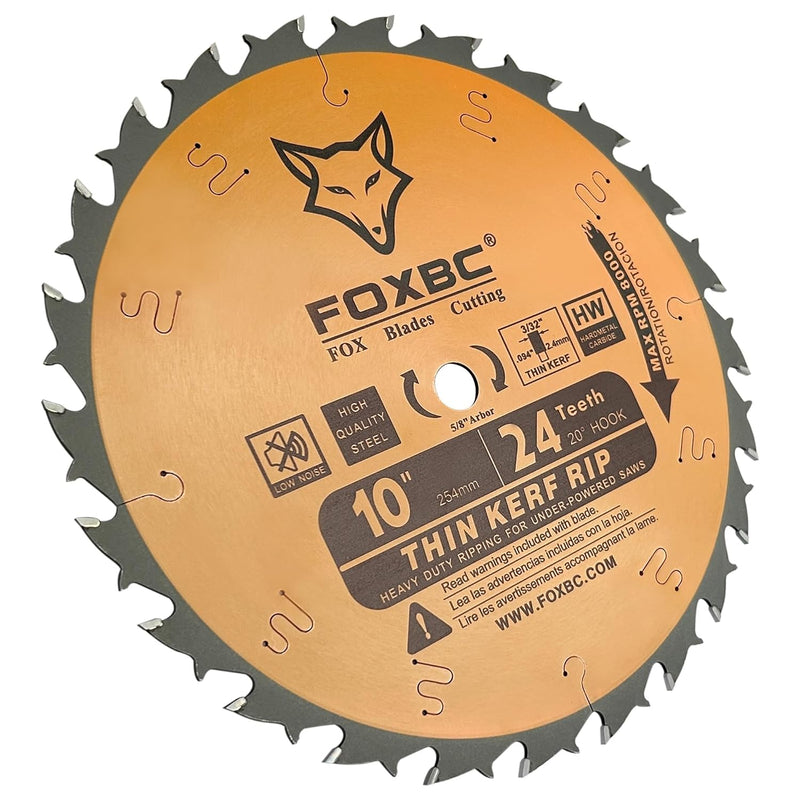 FOXBC 10-Inch Table Saw Blade, Thin Kerf Ripping Saw Blade for Wood Cutting, 24-Teeth, 5/8-Inch Arbor
